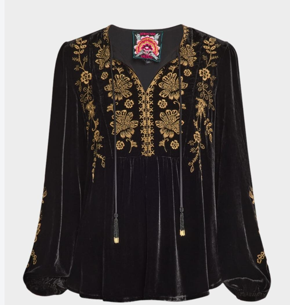 Johnny Was Black Velvet Prairie Blouse Top Small NEW